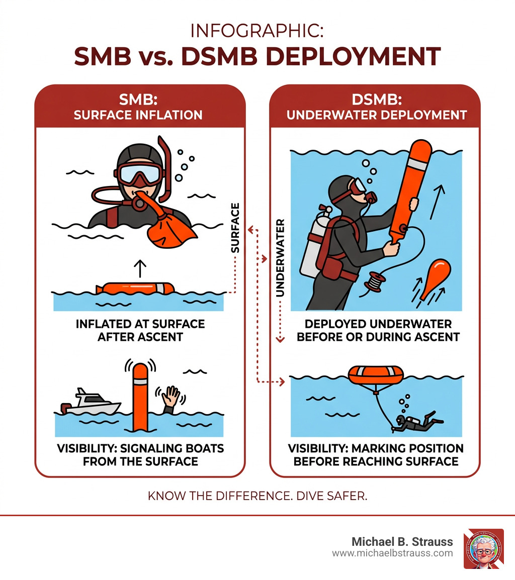Infographic showing the difference between SMB surface inflation and DSMB underwater deployment - dive safety sausage Infographic showing the difference between SMB surface inflation and DSMB underwater deployment - dive safety sausage