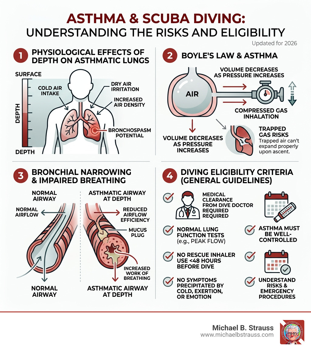 Infographic showing physiological effects of depth on asthmatic lungs, Boyle's Law, bronchial narrowing, and diving Infographic showing physiological effects of depth on asthmatic lungs, Boyle's Law, bronchial narrowing, and diving