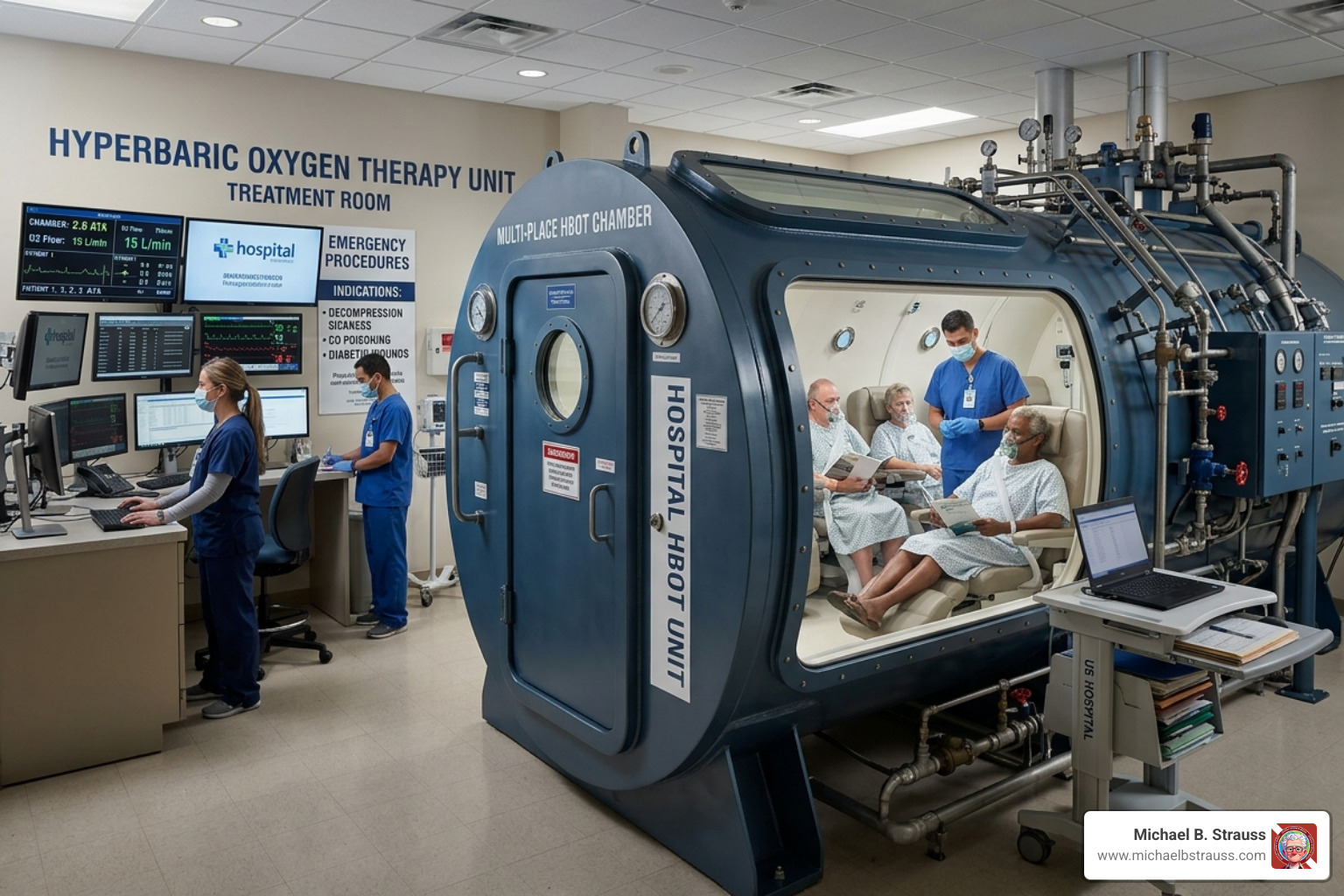 A multi-place hyperbaric oxygen chamber used for treating decompression sickness and carbon monoxide poisoning