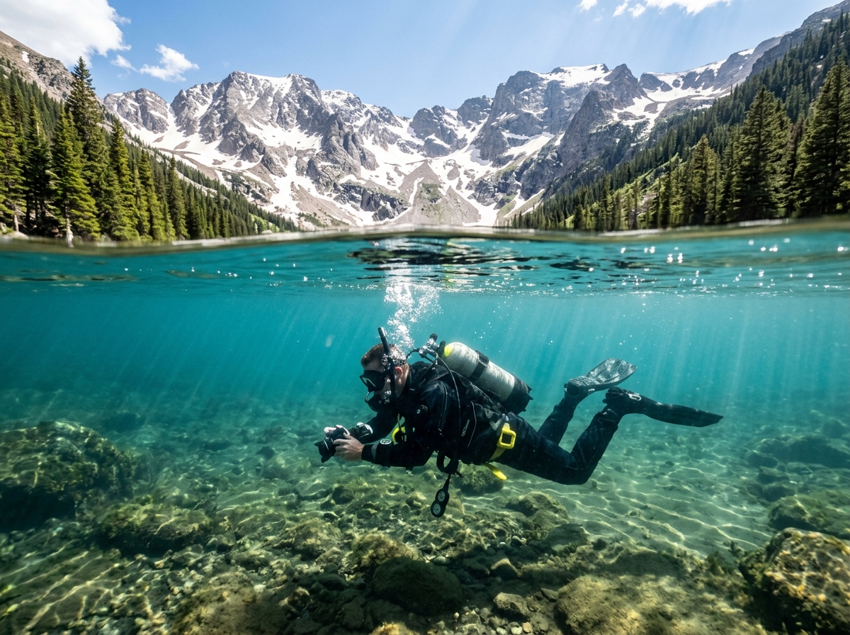 Scuba diver exploring a clear, high-altitude alpine lake - Altitude diving vs deep altitude medical precautions