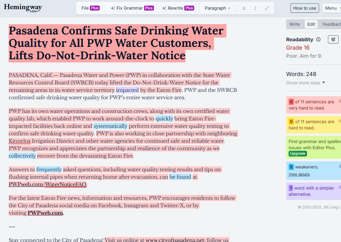 The press release before, showing hard to read sentences for average users.