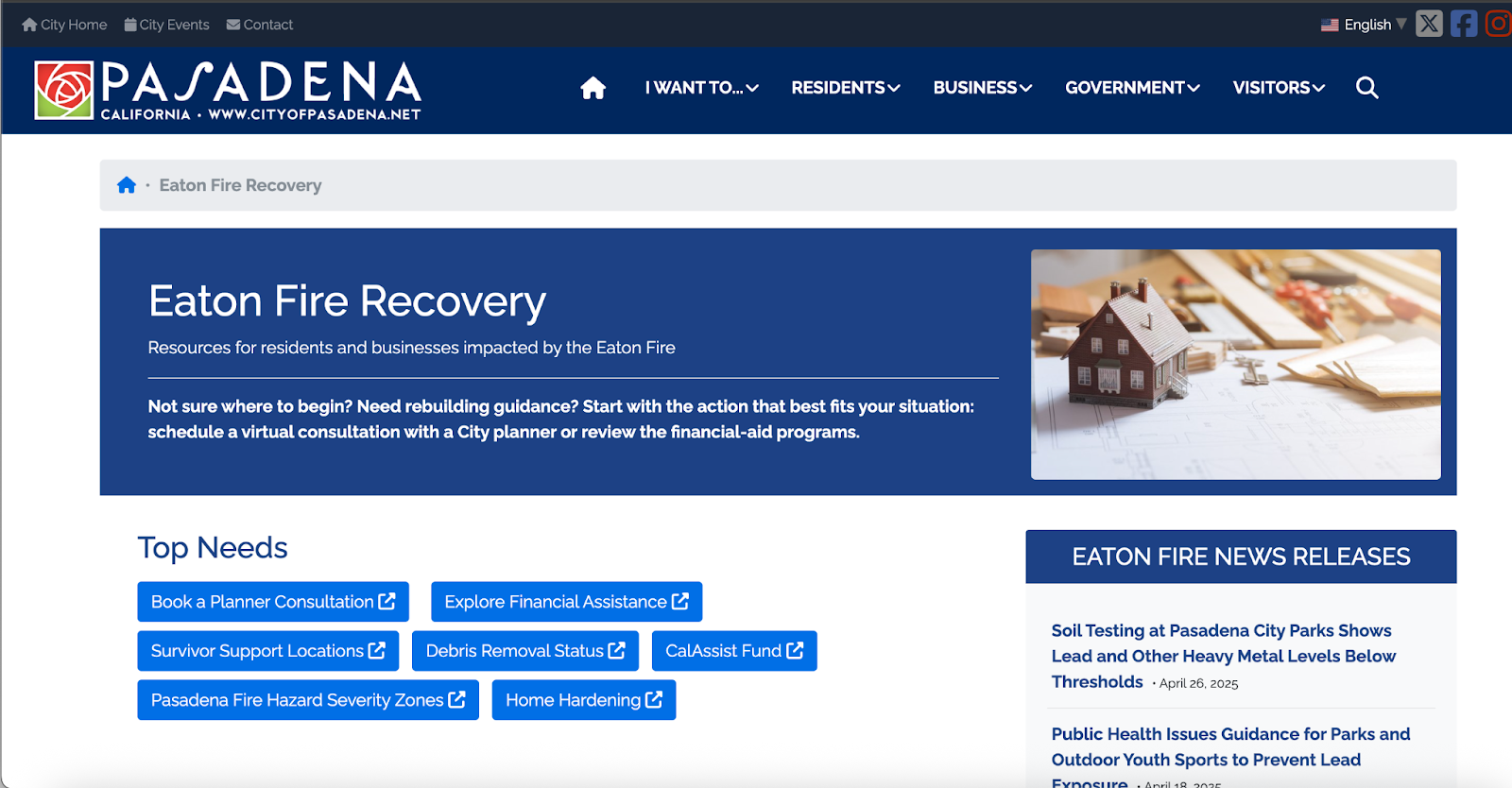 Eaton Fire Recovery webpage after the redesign, with a focus on directing users to their "top needs," like finding exploring financial assistance, and using buttons to direct users to that page.