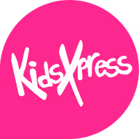 KidsXpress wordmark logo with white text on a pink circular background.