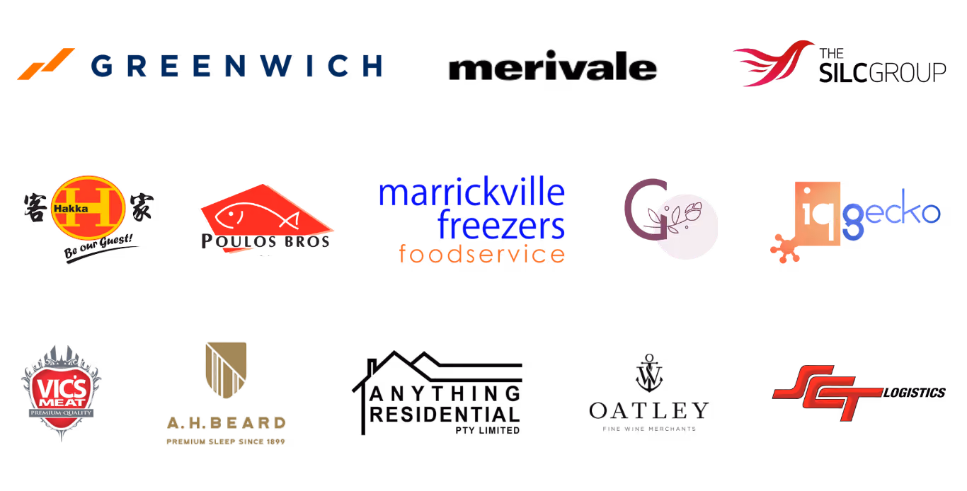 Grid of logos from clients including Greenwich, Merivale, SILC Group, Poulos Bros, Vic's Meat, and others.