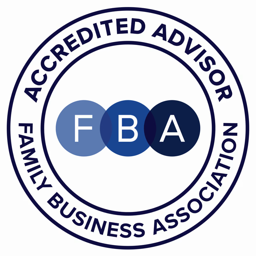 Circular logo with 'FBA' in overlapping blue circles and text 'Accredited Advisor Family Business Association'.