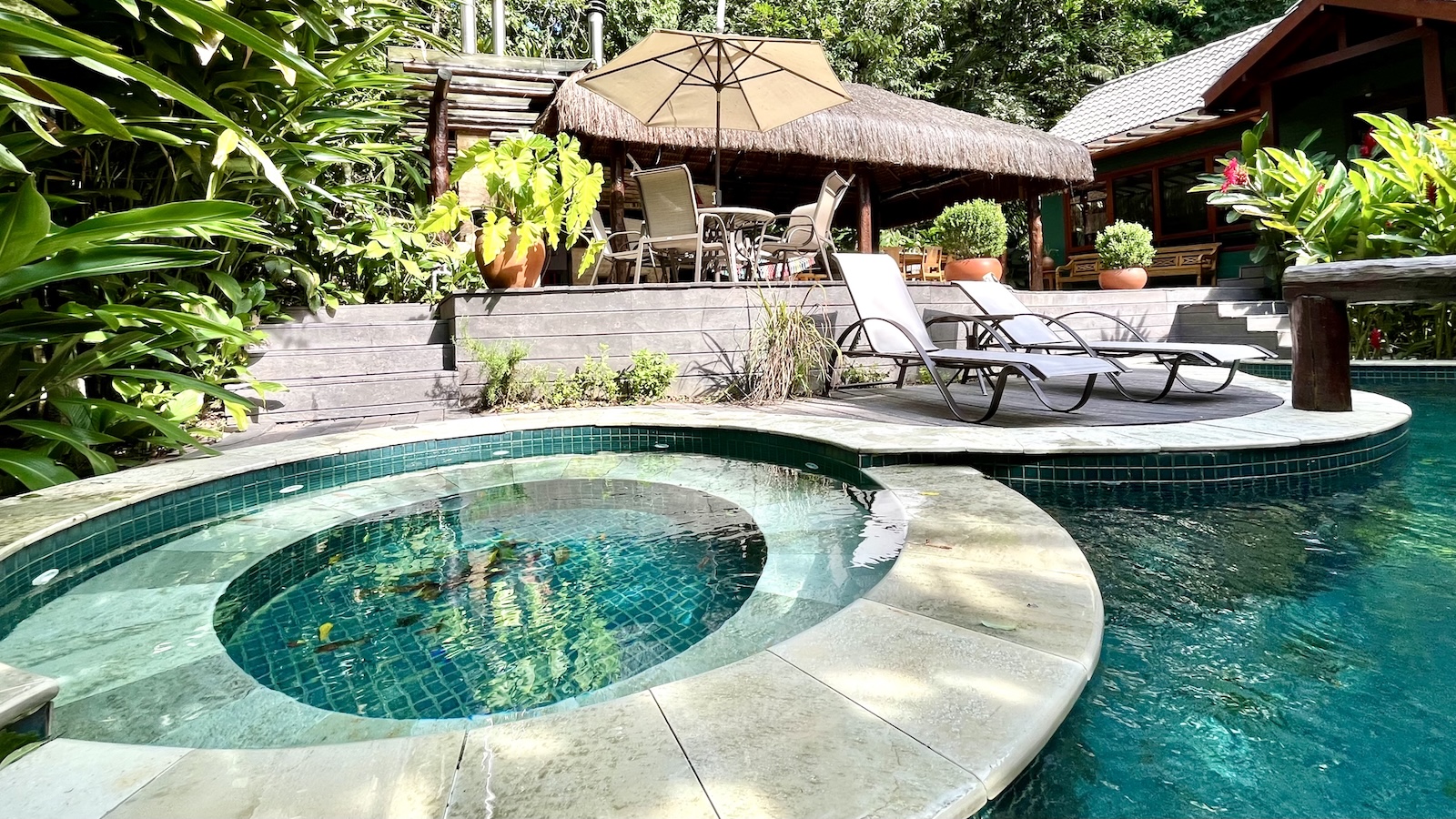 Piscina integrada ao deck em madeira e paisagismo tropical – Casa 824