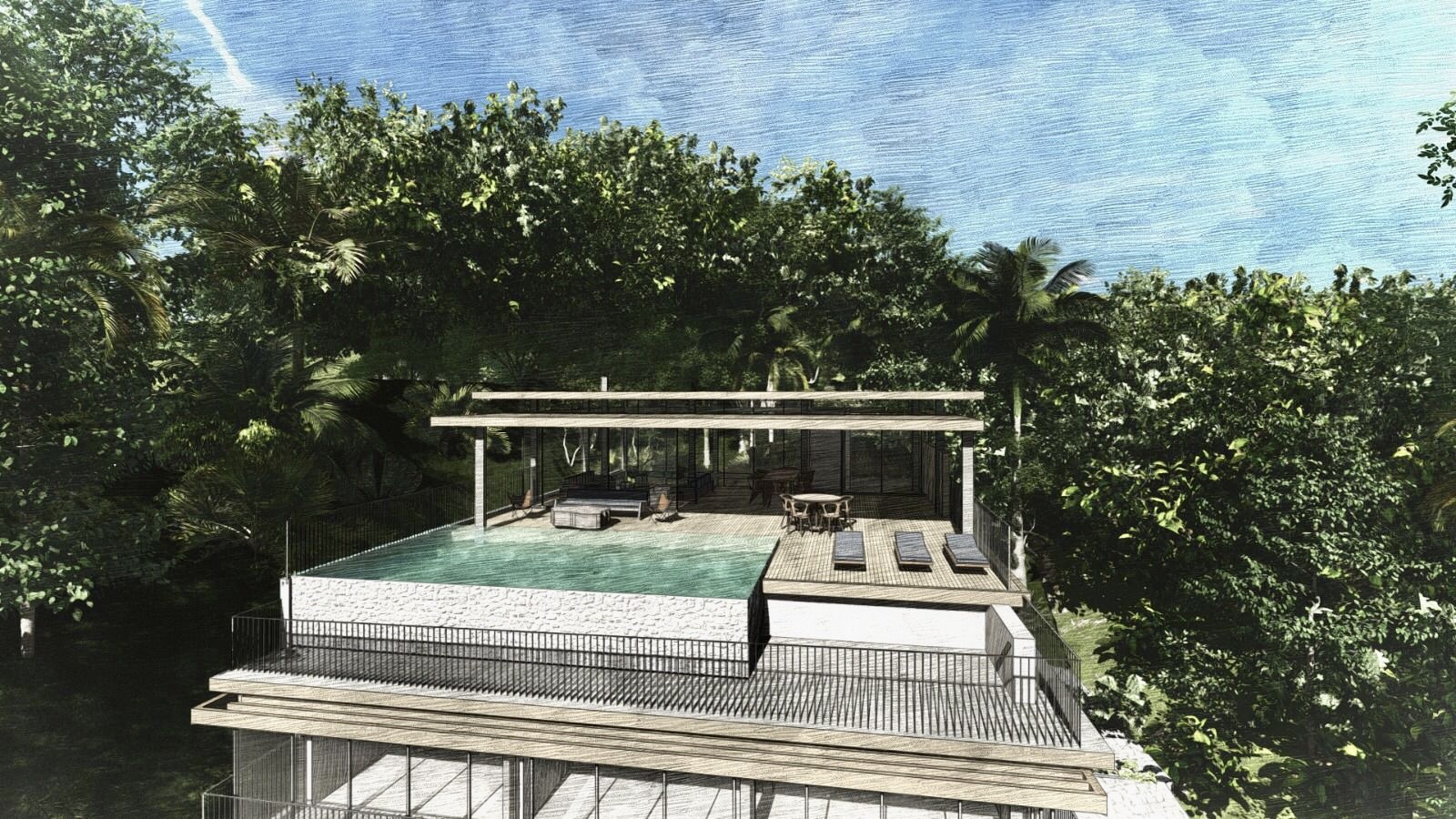 Terraço superior com piscina e área de estar – Terreno 667