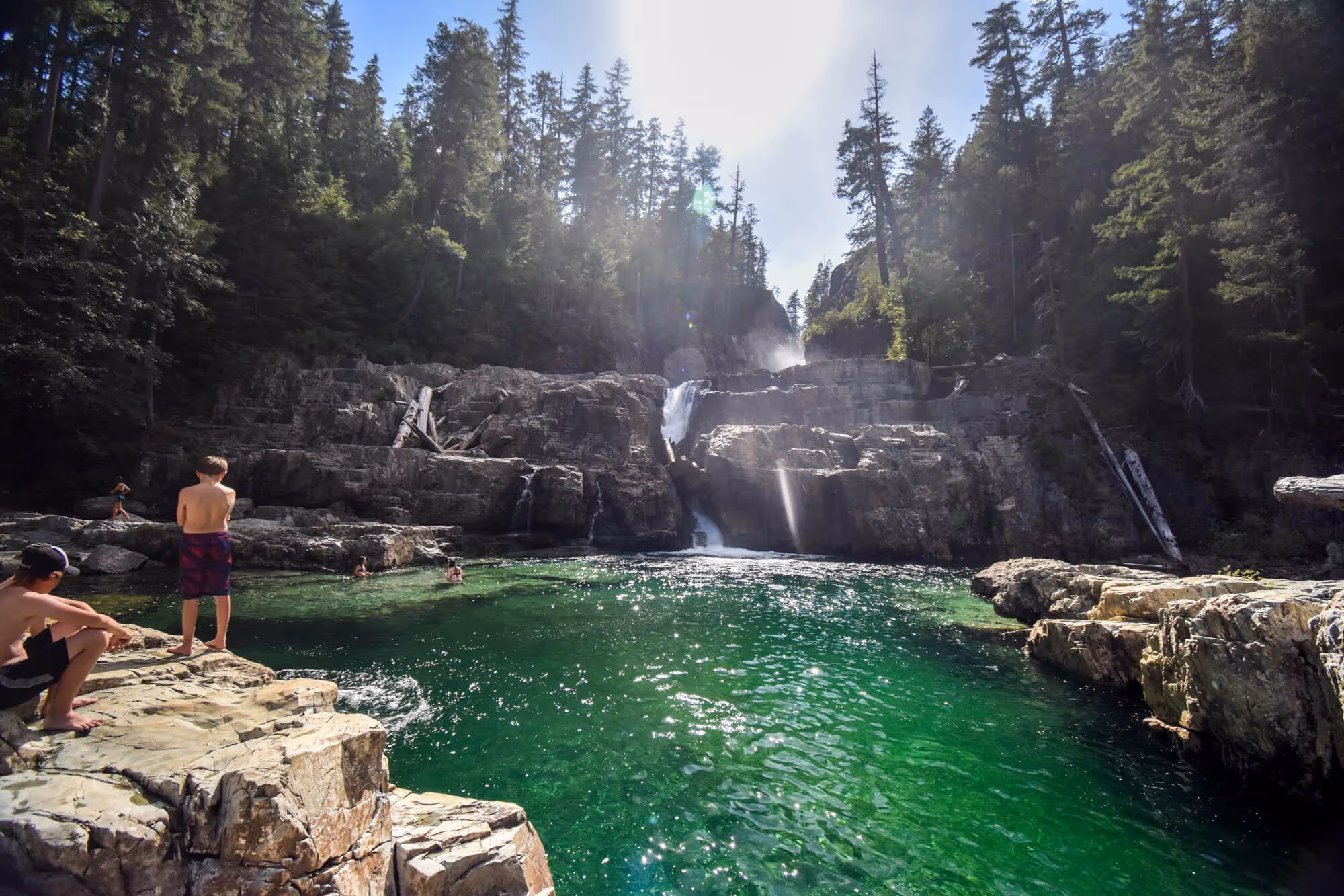 swimmers at main pool section of lower myra falls