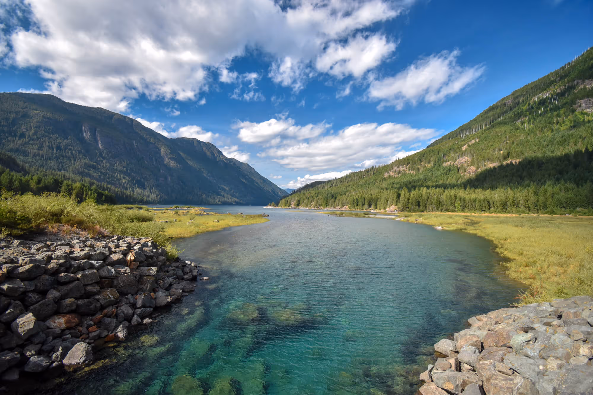 view of buttle lake from the most southern tip taken from bridge crossing