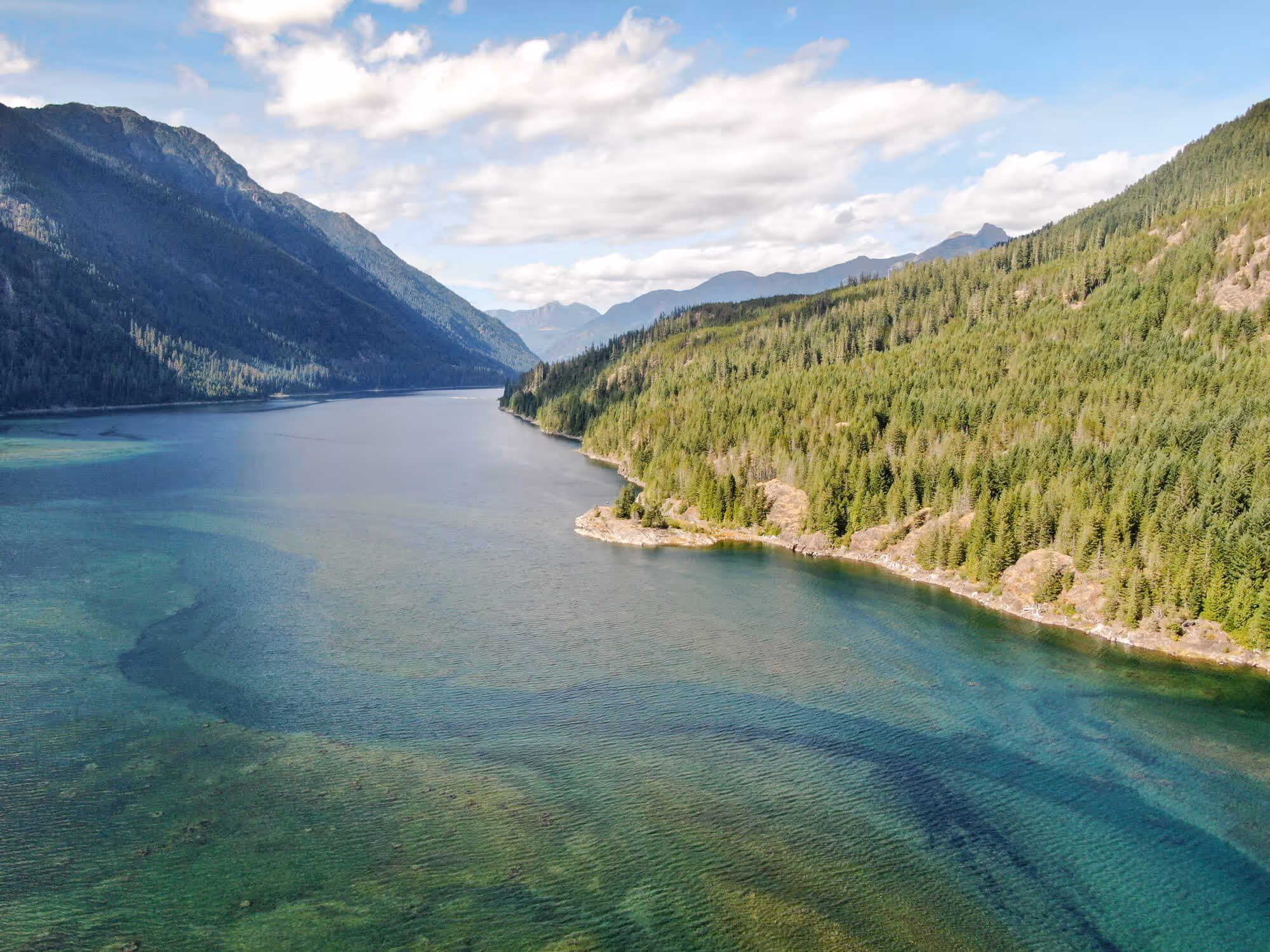 drone shot of buttle lake looking north