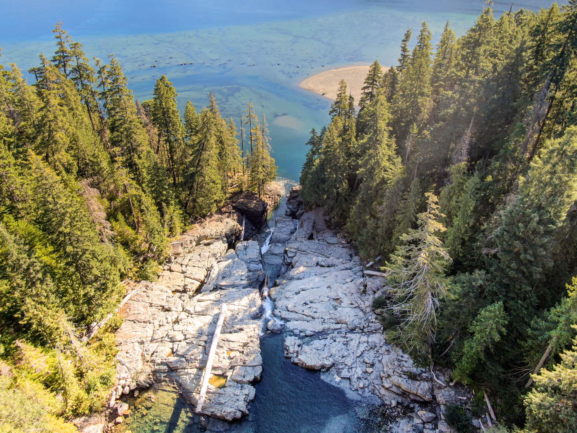 top down view of lower myra falls with buttle lake in view