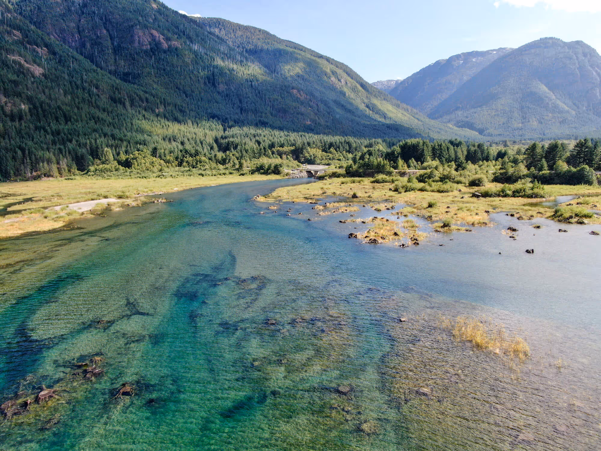 drone shot of the bridge crossing the southern tip of buttle lake