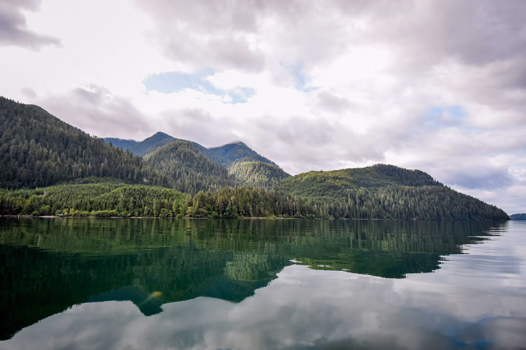 View of the mountain and its reflection on the water along Nitinat Lake