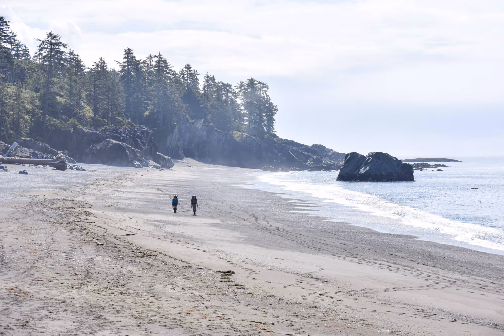two hikers on the west coast trail along the beach front