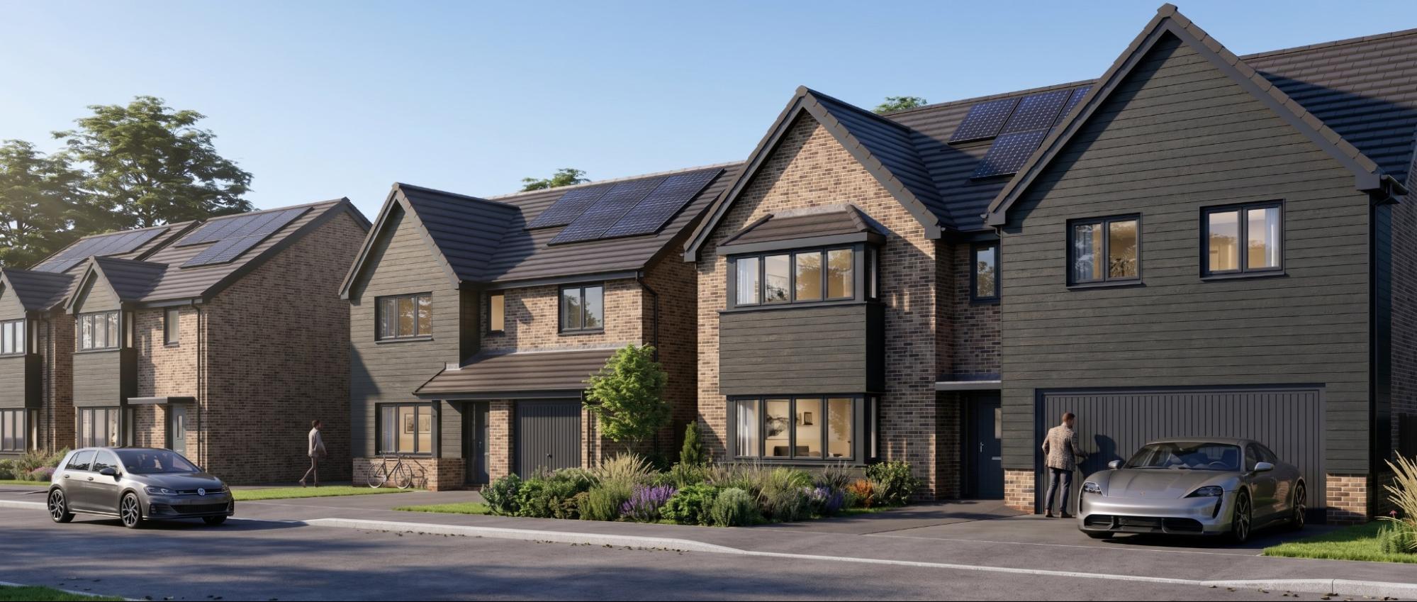 Veras-enhanced render of a housing development of brick and dark-clad homes with roof solar panels, cars, and landscaped gardens.