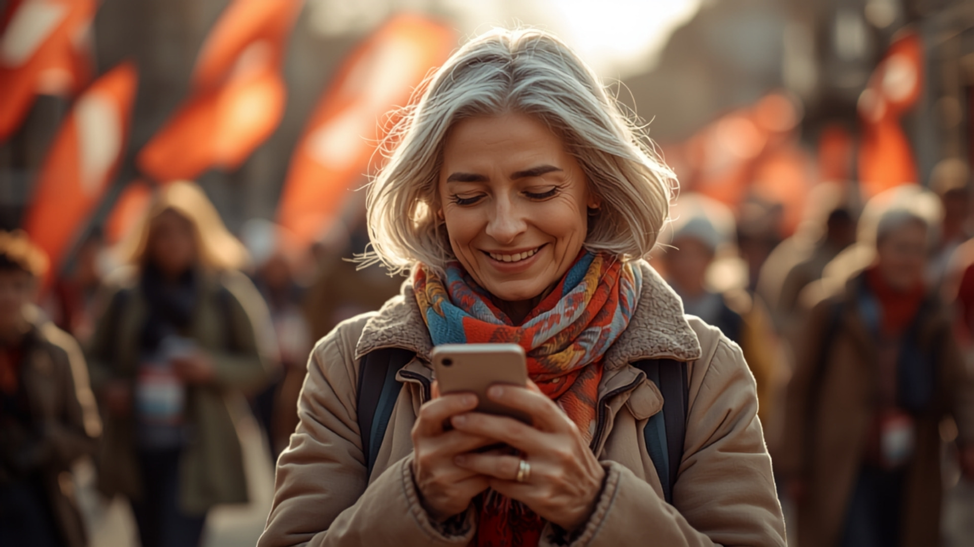 Participant at a charity walking event signing up on her phone