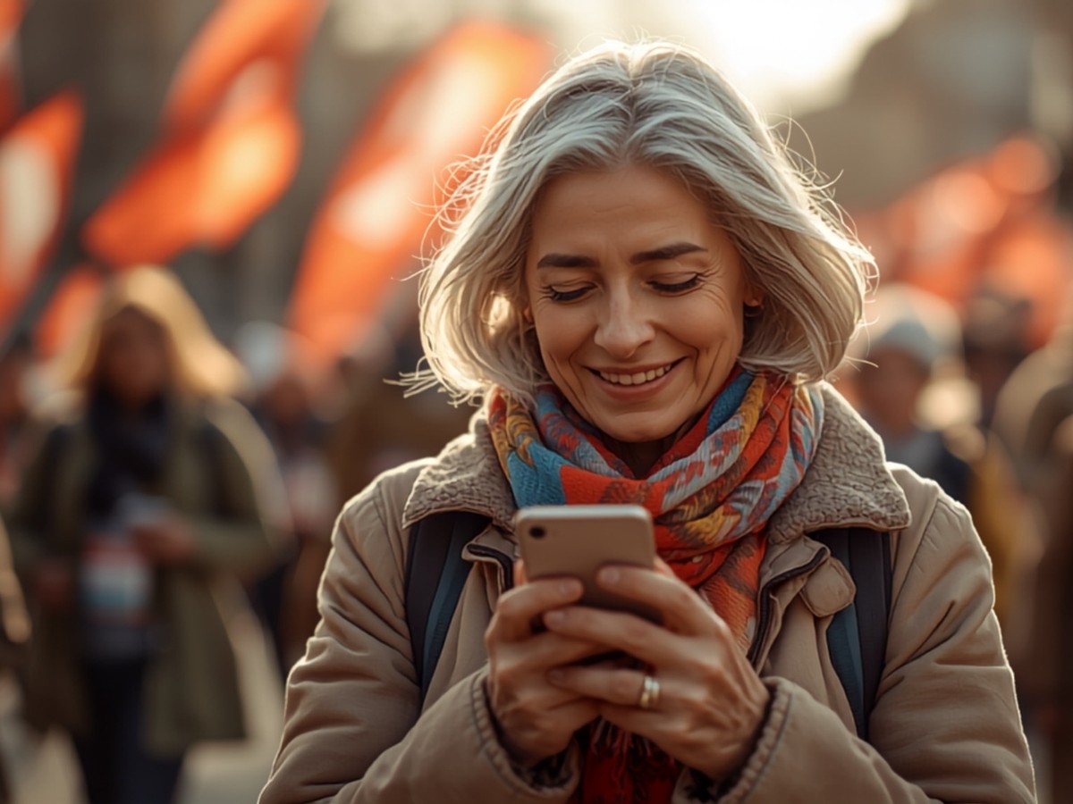 Participant at a charity walking event signing up on her phone