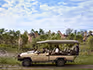 Guests on a Belmond game drive enjoying a sighting of giraffe in the bush. 