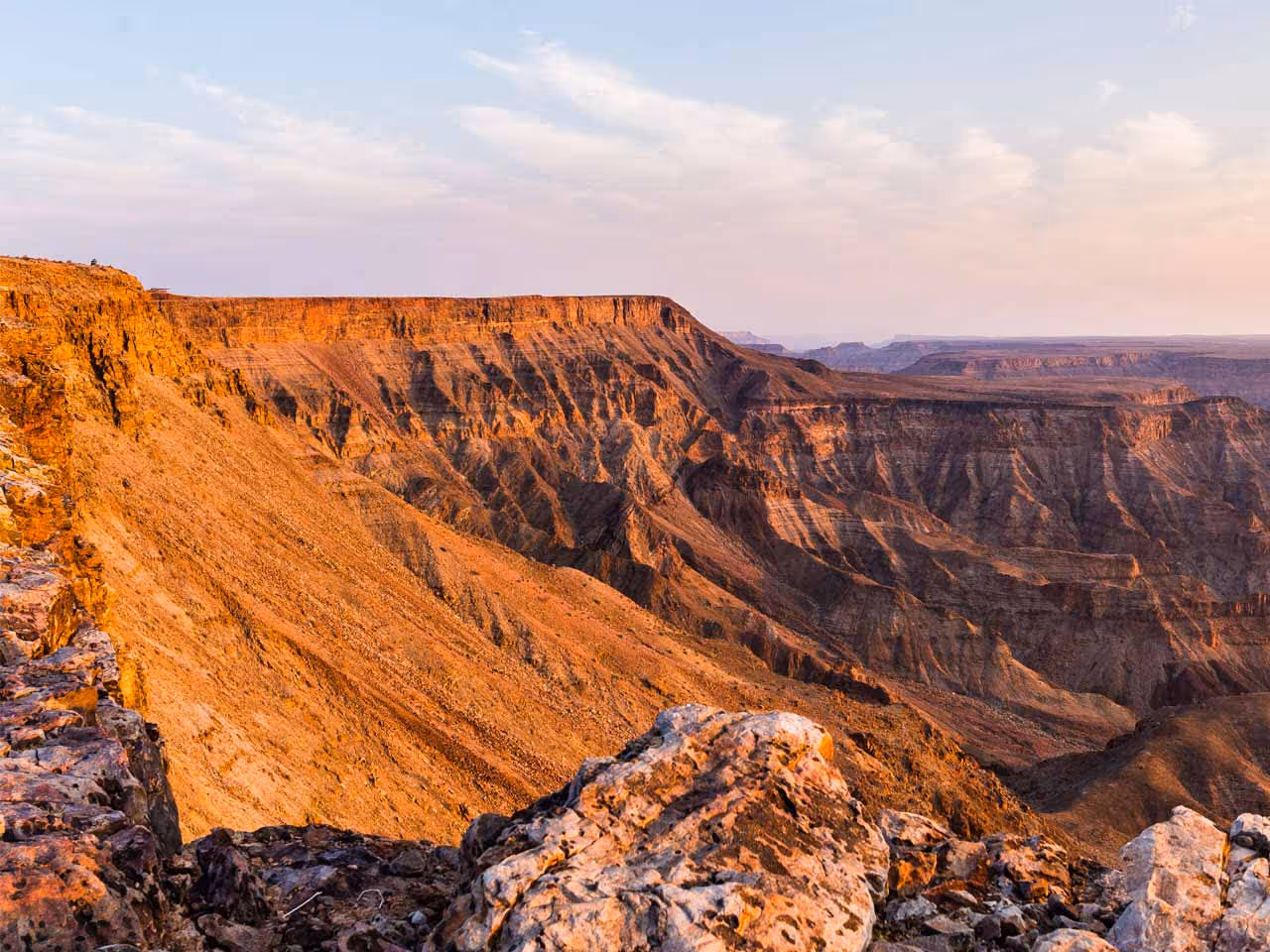 A view out over the Fish River Canyon from a view point.