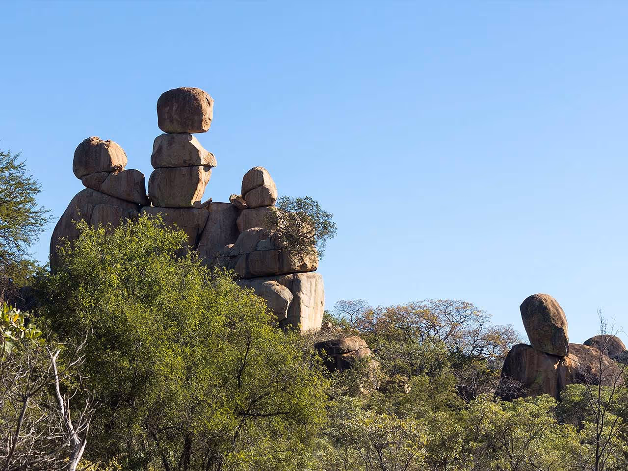 The Balancing Rocks among the bush in the Matobo National Park. 