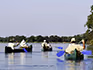 Three canoes paddling on the water with bush of the Lower Zambezi in the distance. 