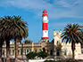 A view of the magistrates court with the lighthouse behind it in Swakopmund. 