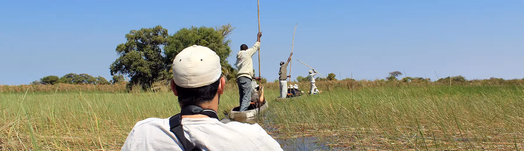 Embarking on a mokoro safari, this traveller gracefully navigates the waterways of the Okavango Delta.