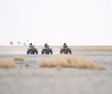 Three people riding quad bikes across a pan in the Makgadikgadi with palm trees in the distance. 
