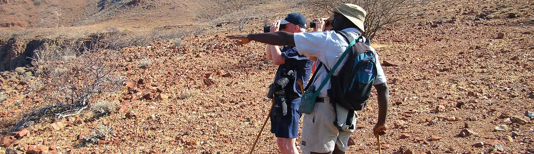 A close up of a guide in Damaraland with two guests on a hike pointing out something to them in the distance.