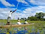 Two people being poled along by a guide in a traditional dugout canoe through the lillies in the river. 