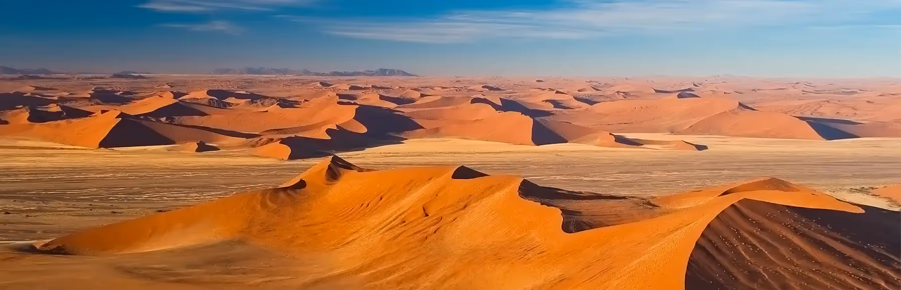 A panoramic view over the endless dunes and dry river bed in the Namib Desert.