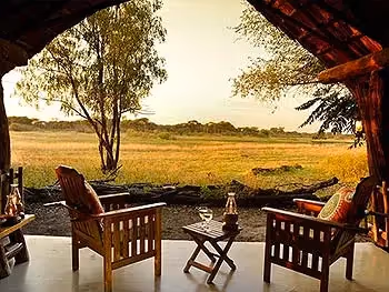 A view from inside a thatched chalet looking from the patio onto a grassy plain.