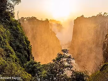 A view of the gorge at Victoria Falls looking directly at the spray of the falls from the rain forest.