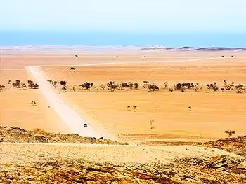 The view of an open desert landscape and a car on a dusty road in southern Namibia.