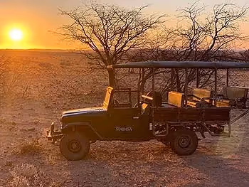 An open safari vehicle of Madisa Camp parked at sunset.