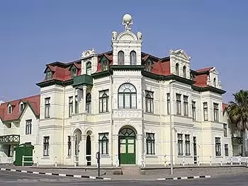 A building of German Heritage on a street corner of Swakopmund.