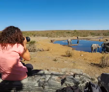 Photographing a herd of elephants drinking at a waterhole in Etosha National Park, Namibia