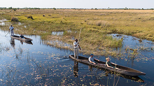 Guests exploring the Okavango Delta from a traditional mokoro canoe.