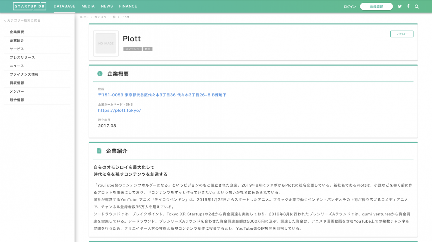 「YouTube発のコンテンツホルダーになる」というビジョンのもと設立された企業。2019年8月にファボからPlottに社名変更している。新社名であるPlottは、小説などを書く前に作るプロットを由来にしており、『コンテンツをずっと作っていきたい』という想いが社名に込められている。 同社が運営するYouTubeアニメ「テイコウペンギン」は、2019年1月22日からスタートしたアニメ。ブラック企業で働くペンギン・パンダとその上司が繰り広げるコメディアニメで、チャンネル登録者数35万人を超えている。 シードラウンドでは、ブレイクポイント、Tokyo XR Startupsの2社から資金調達を実施しており、2019年8月に行われたプレシリーズAラウンドでは、gumi venturesから資金調達を実施している。シードラウンド、プレシリーズAラウンドを合わせた資金調達金額は5000万円に及ぶ。調達した資金は、アニメや漫画動画を含むYouTube上での複数チャンネル展開を行うため、クリエイター人材の獲得と新規コンテンツ制作に投資するとし、YouTube発のIP展開を目指している。