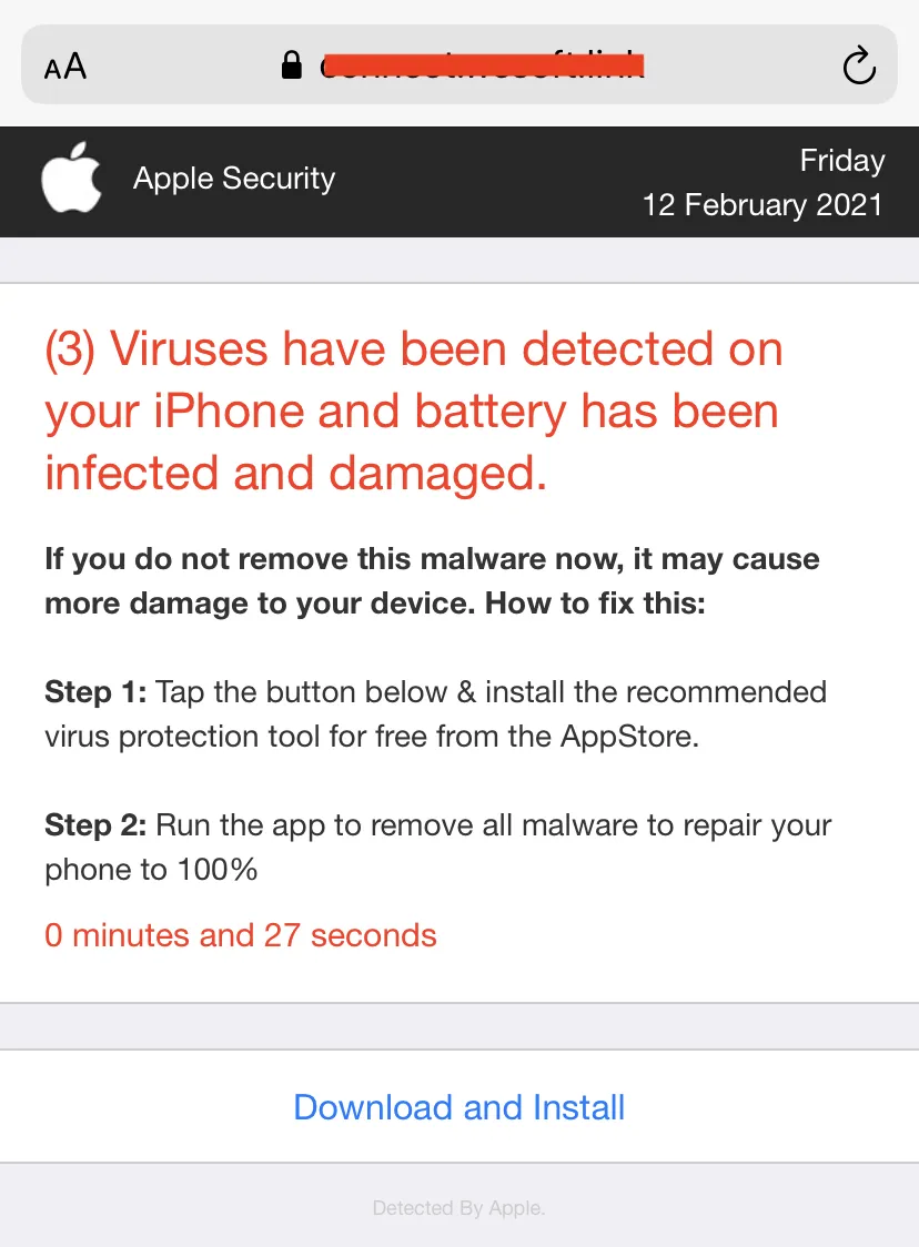 Example of a fake Apple Security alert claiming that 3 viruses have been detected on your iPhone