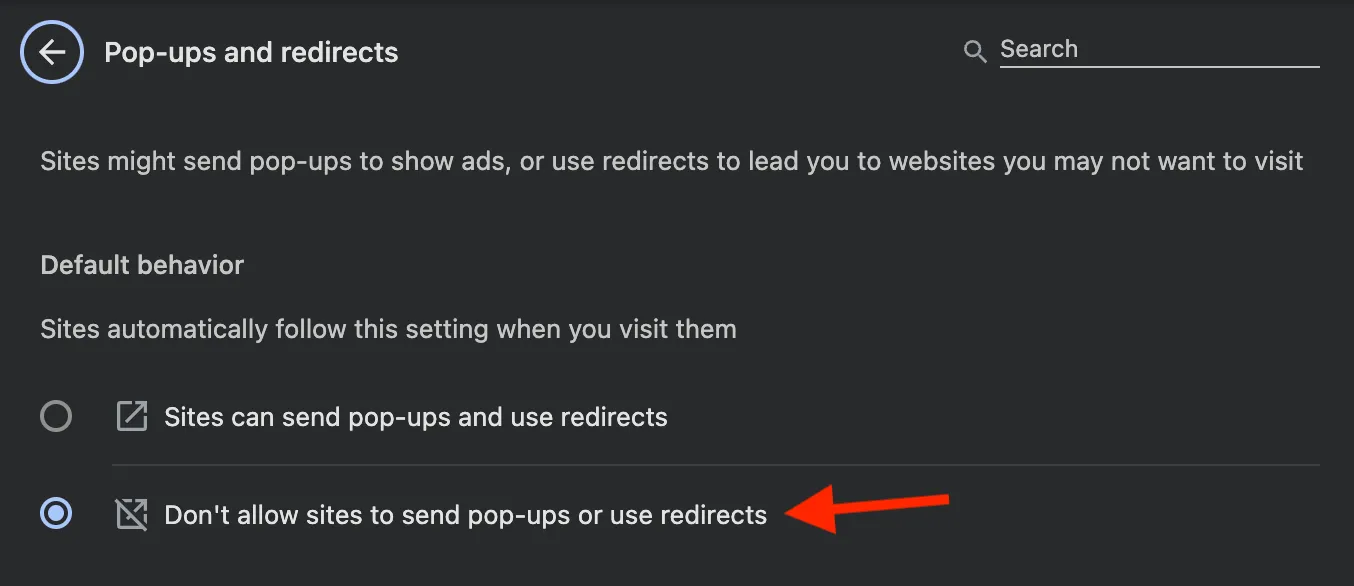 Chrome settings screen for pop-ups and redirects with an arrow pointing to “don’t allow sites to send pop-ups”