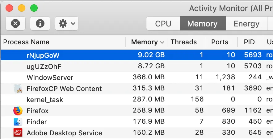 Apple’s Activity Monitor showing a strange process titled rNjupGoW using up over 9gb of memory