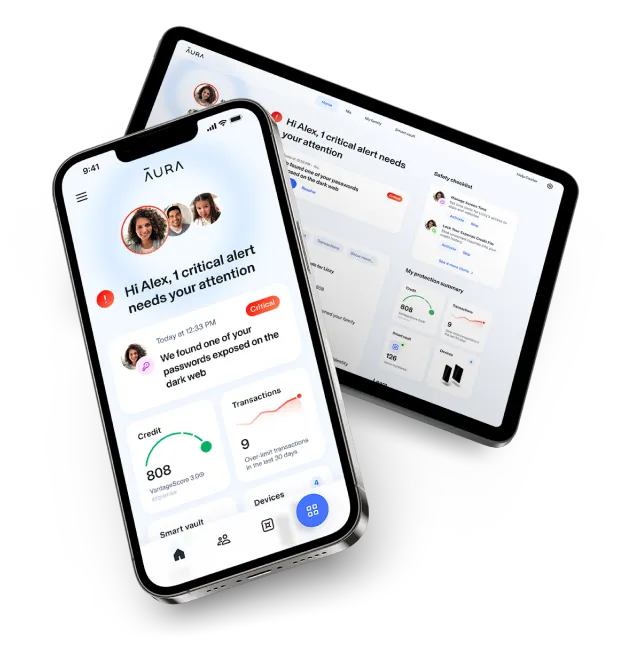 Aura's app interface displayed on a mobile phone and tablet, side by side