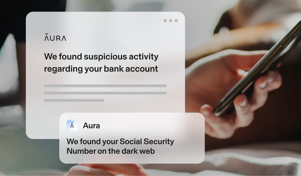 Aura alerts stating suspicious activity was found regarding a bank account along with finding a Social Security number on the dark web.