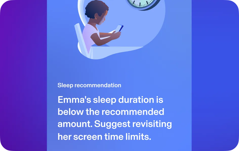 Aura product tile for sleep recommendation. Emma's sleep duration is below the recommended amount. Suggest revisiting her screen time limits.