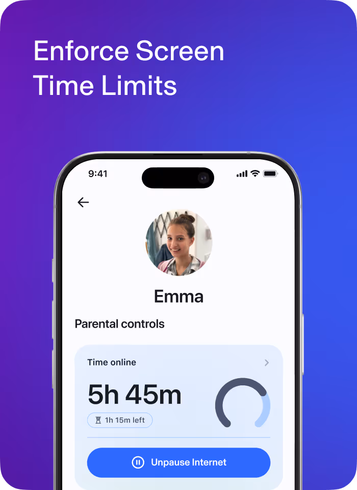 Pause the Internet image showing Pause the internet controls for parents with a child named Emma.