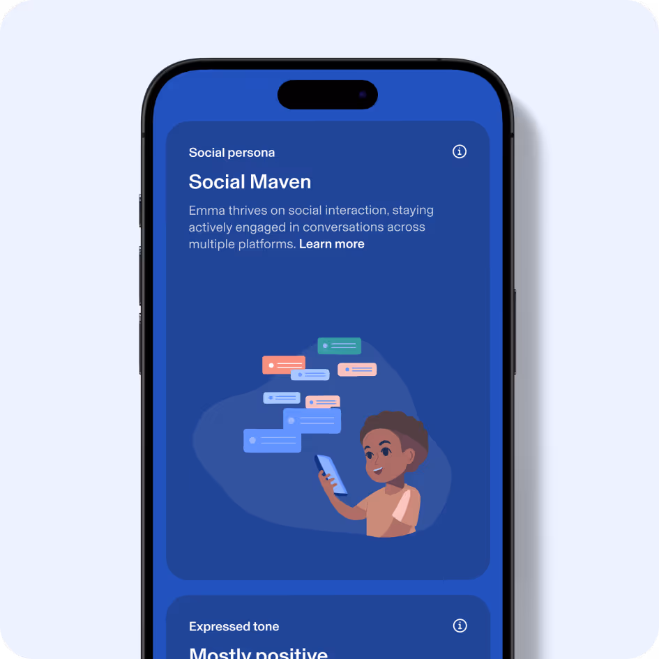 Social Persona screenshot showing that Emma is a social maven. Emma thrives on social interaction by being engaged across multiple platforms. The tone is mostly positive.