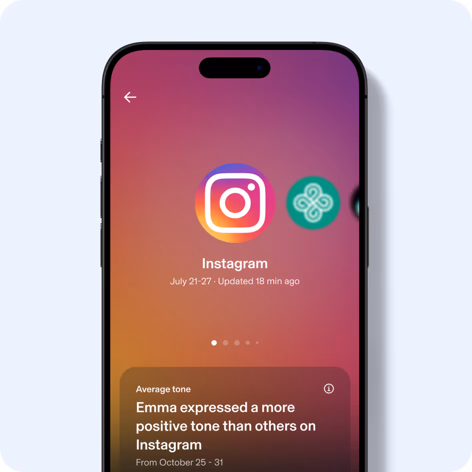 Aura app screenshot showing Emma's general tone on social media. Instagram is shown as having a positive tone compared to other users.
