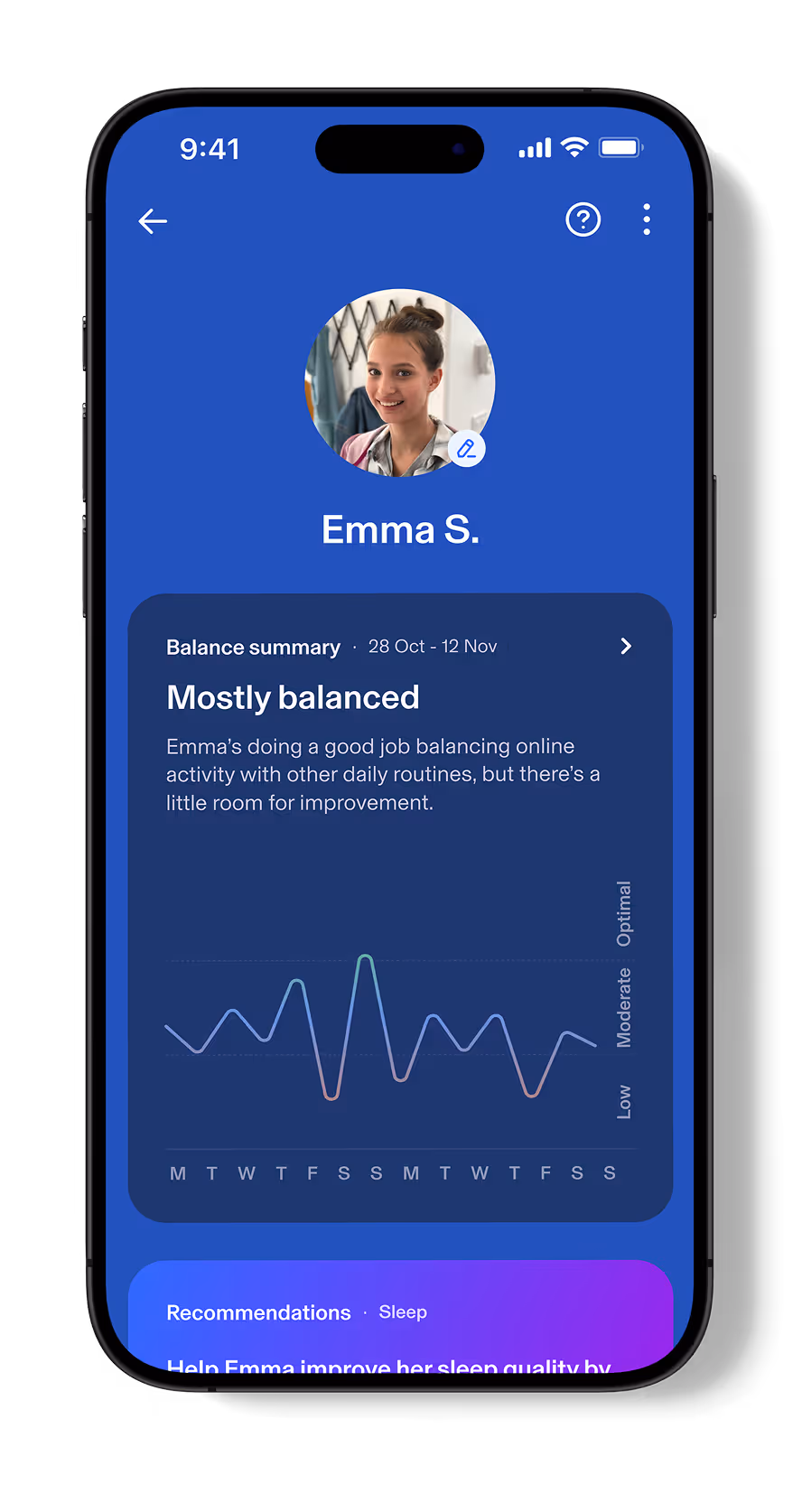 Aura app screenshot showing Emma's balance summary. Show's Emma has a mostly balanced online activity.
