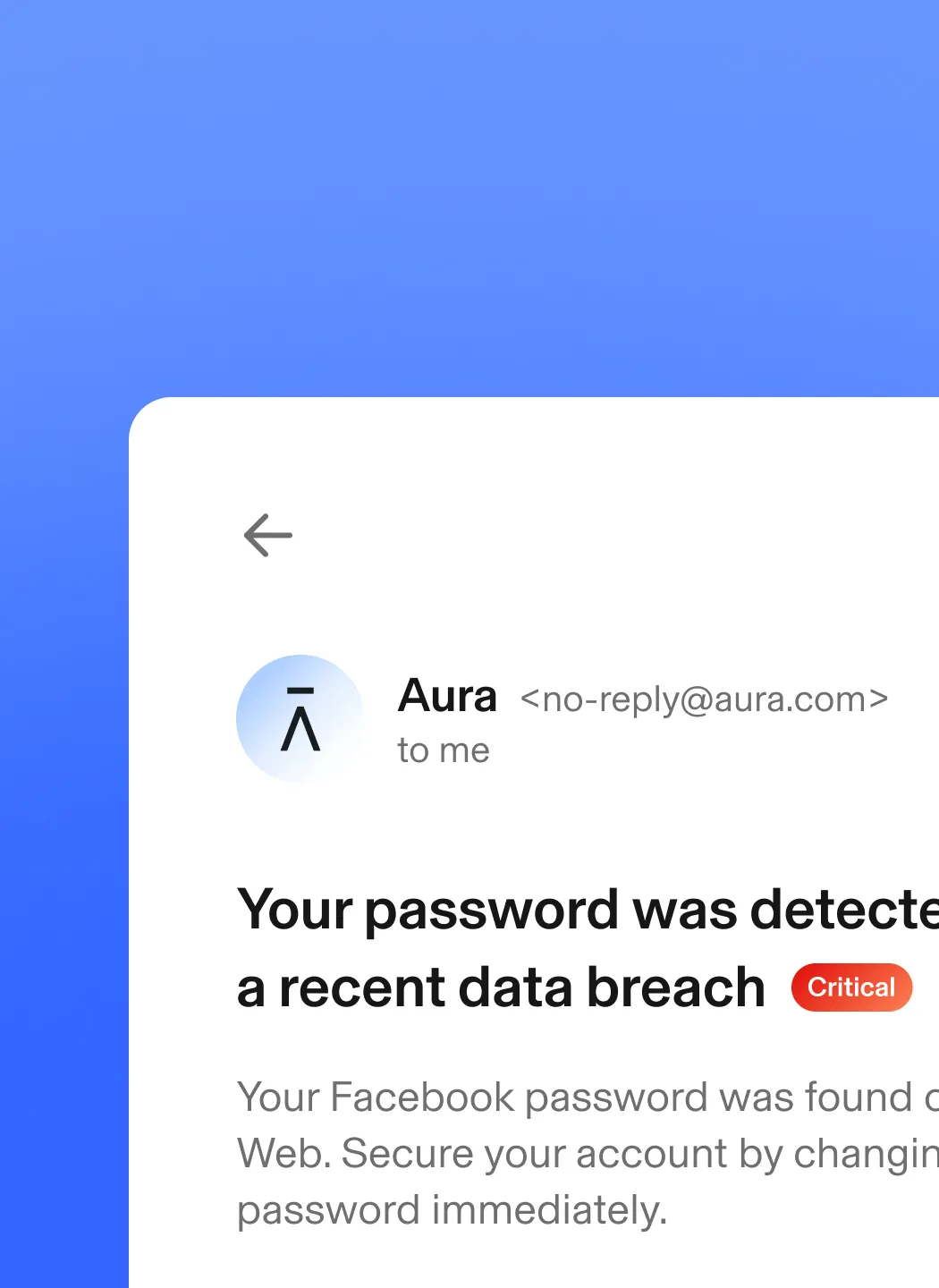 Image of an email from Aura notifying the user that their password has been detected in a recent data breach